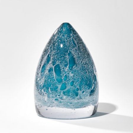 deep blue soft cone shaped sculpture with effervescent trapped bubbles handmade from glass