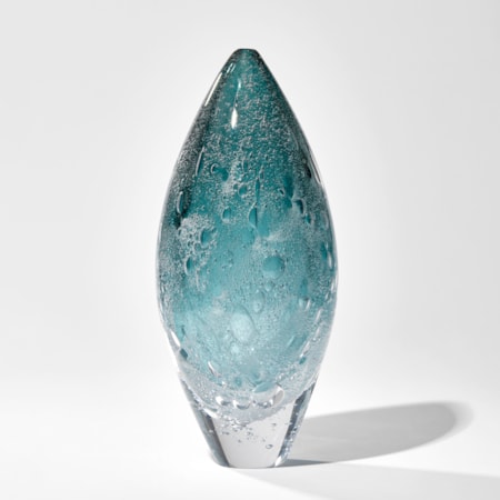 dark aqua and sea green tall pointed sculpture with trapped bubbles hand made from glass