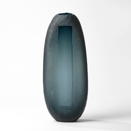 steel grey tall rounded vessel with central transparent rectangular window hand blown from glass