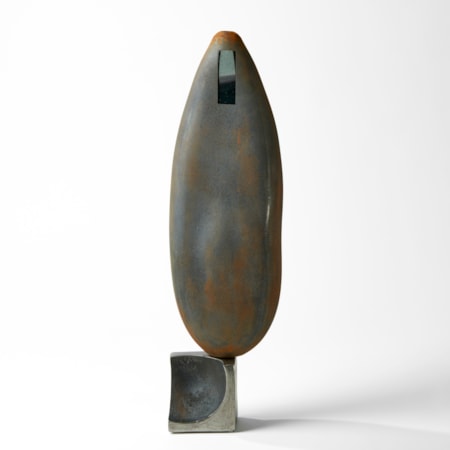 grey and rust tall ovoid sculpture with small window apertures and steel base handblown from glass