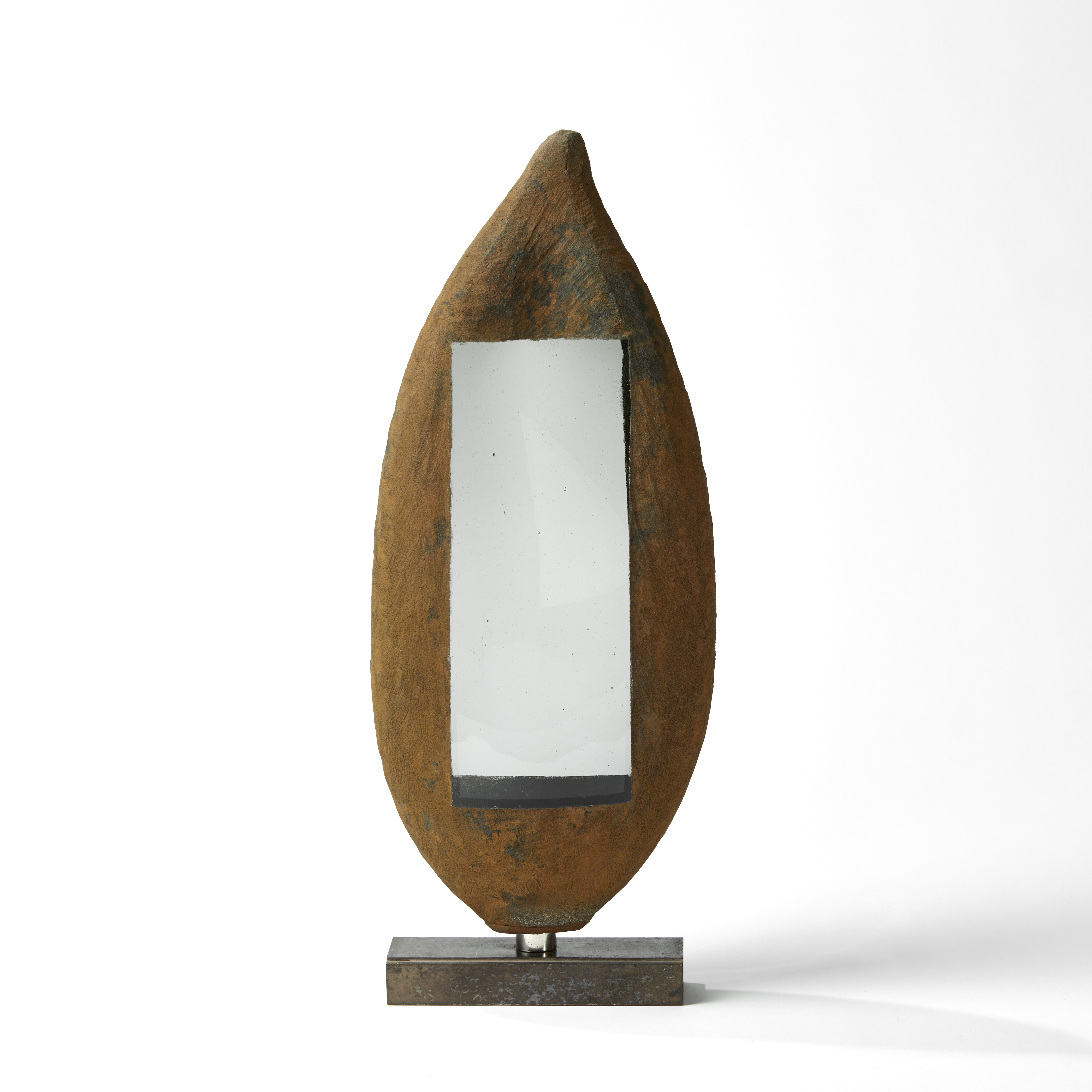 modern art glass centrepiece sculpture with steel in brown and grey
