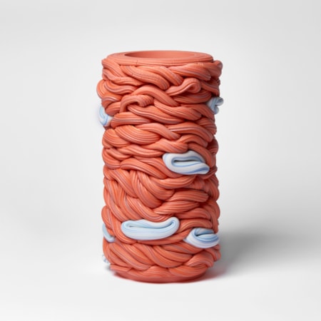 chunky red woven stacked vessel with blue sections handmade from clay