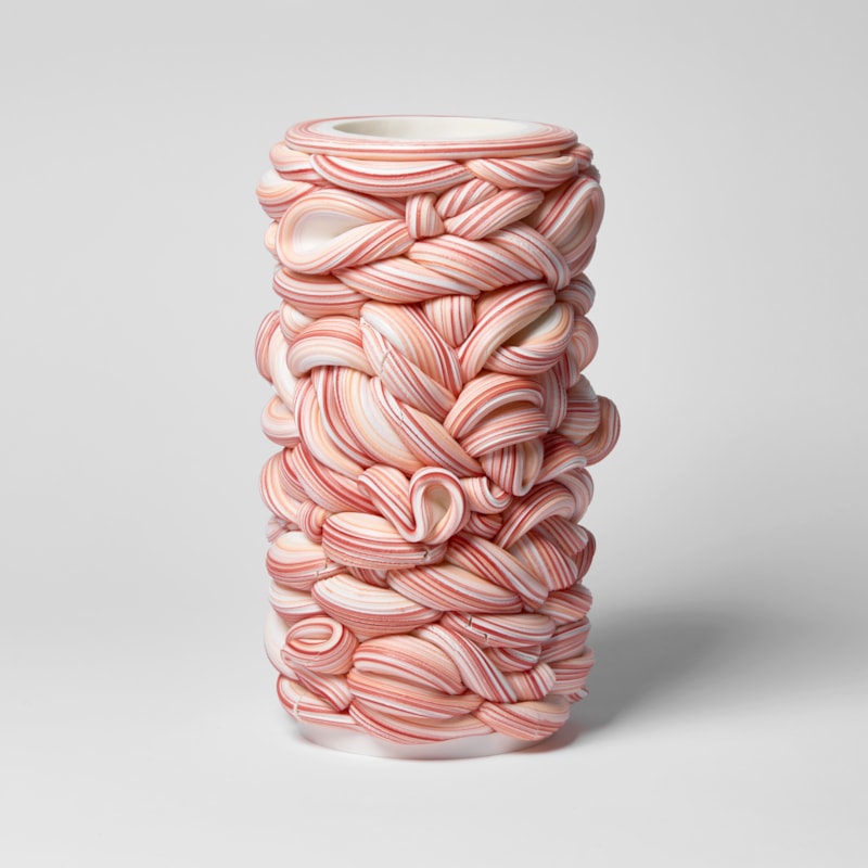striped red orange violet and white woven candy vessel handmade from clay