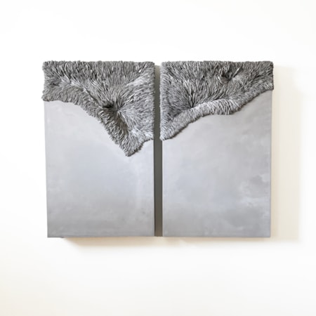 twinned wall mounted rectangular artworks with smooth areas moving to highly textured sections created from ridged shards of porcelain