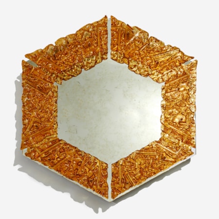 hexagonal decorative mirror with crusted amber glass border