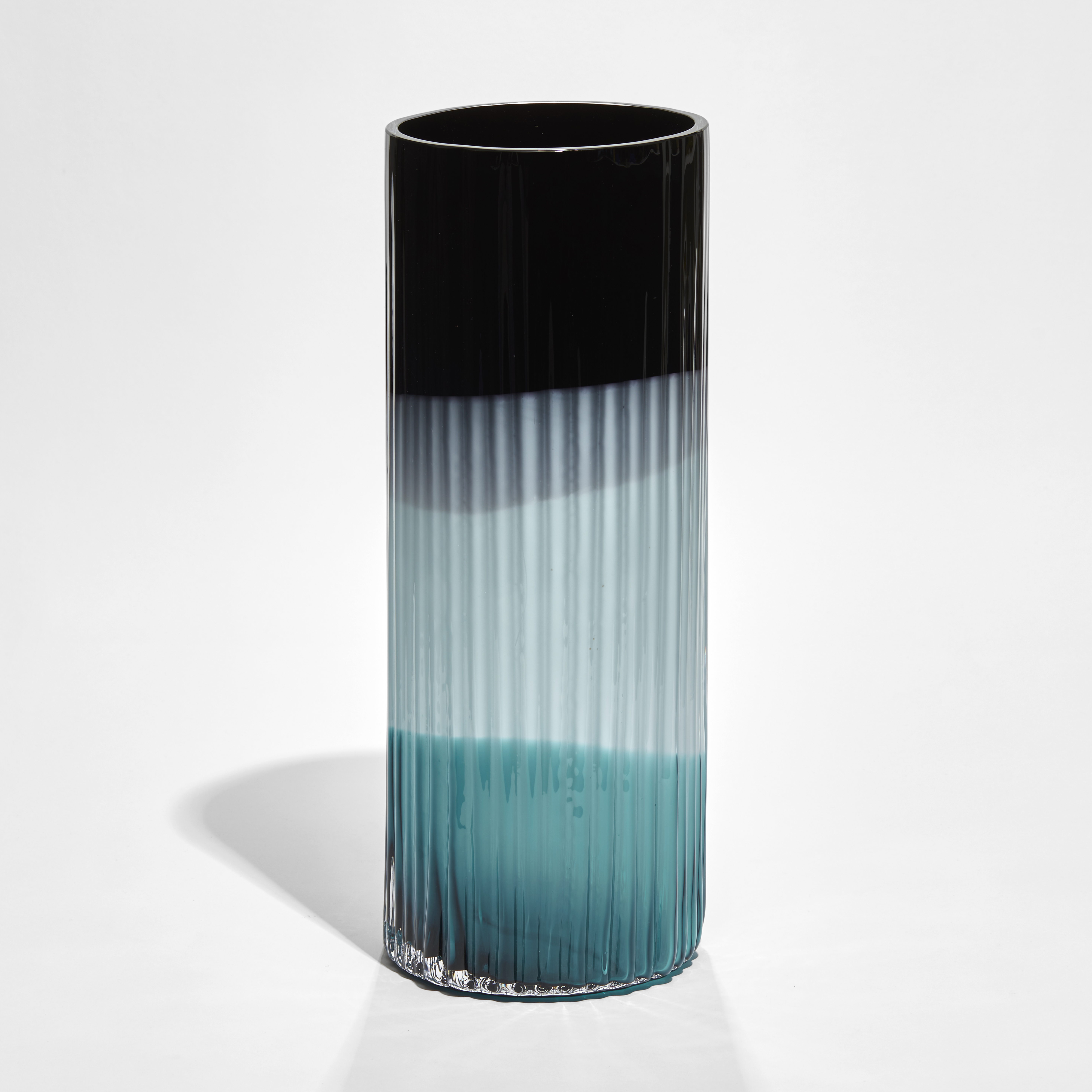 abstract banded in black turquoise and light blue ridged cylinder vase hand made from glass