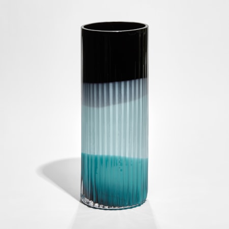 abstract banded in black turquoise and light blue ridged cylinder vase hand made from glass