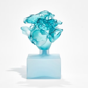 low frosted turquoise box with upper clear aqua abstract floral cluster perched on top hand made from glass