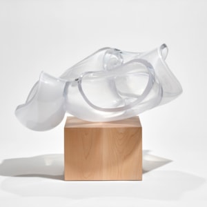 cube of birch wood with balanced abstract human heart aorta sculpture in clear and frosted glass hand made