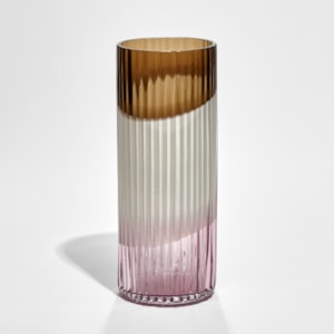 brown opaque white and pink round cylinder vase with external organic ridges hand made from glass