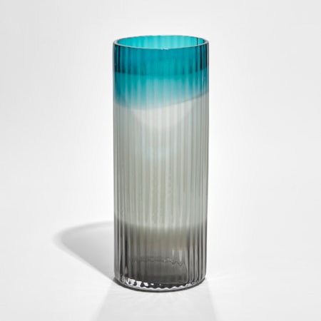 ridged cylinder vase in three bands of turquoise light blue and black hand made from glass