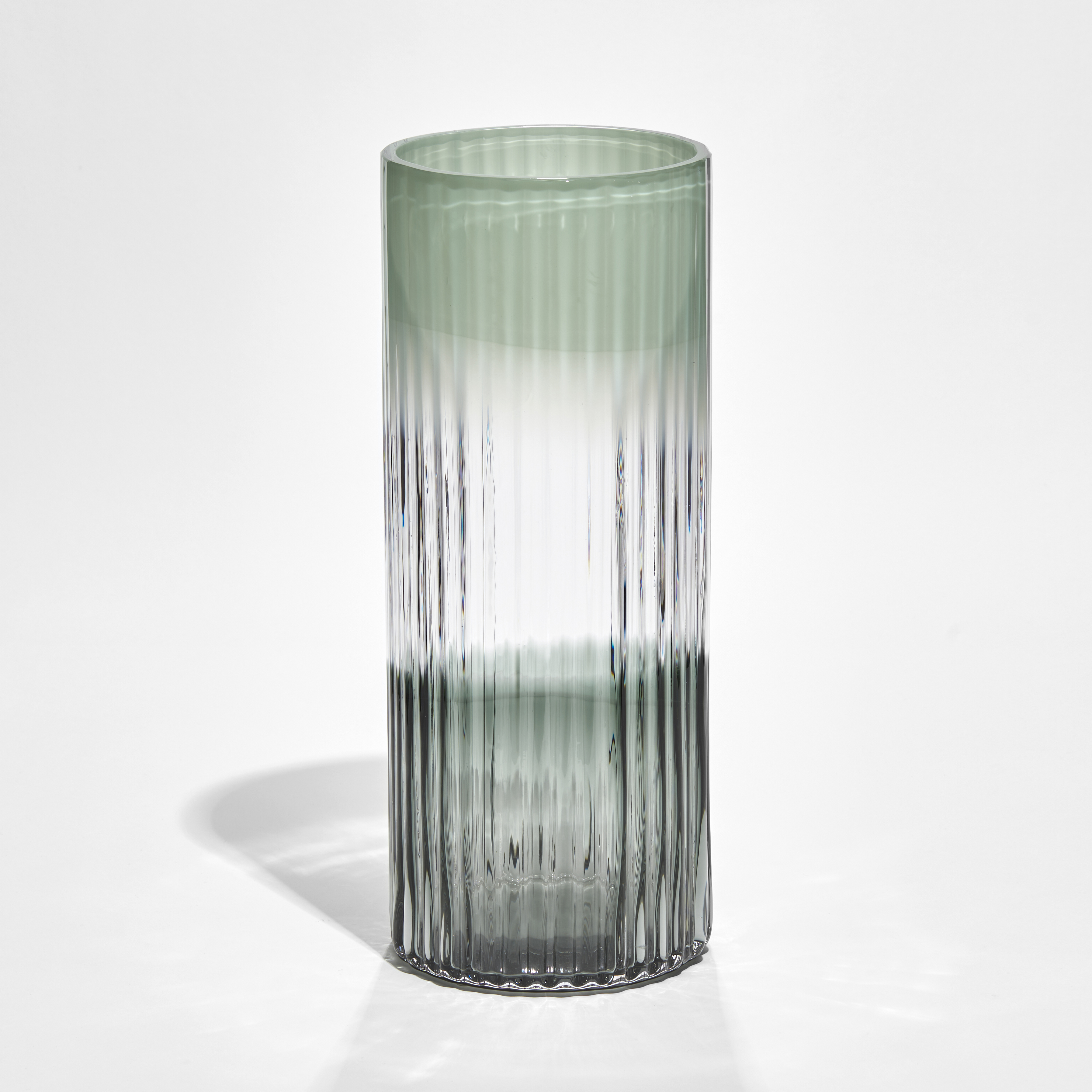 ridged cylinder vase with bands of turquoise green clear and dark greeny grey hand made from glass