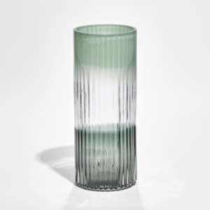 ridged cylinder vase with bands of turquoise green clear and dark greeny grey hand made from glass