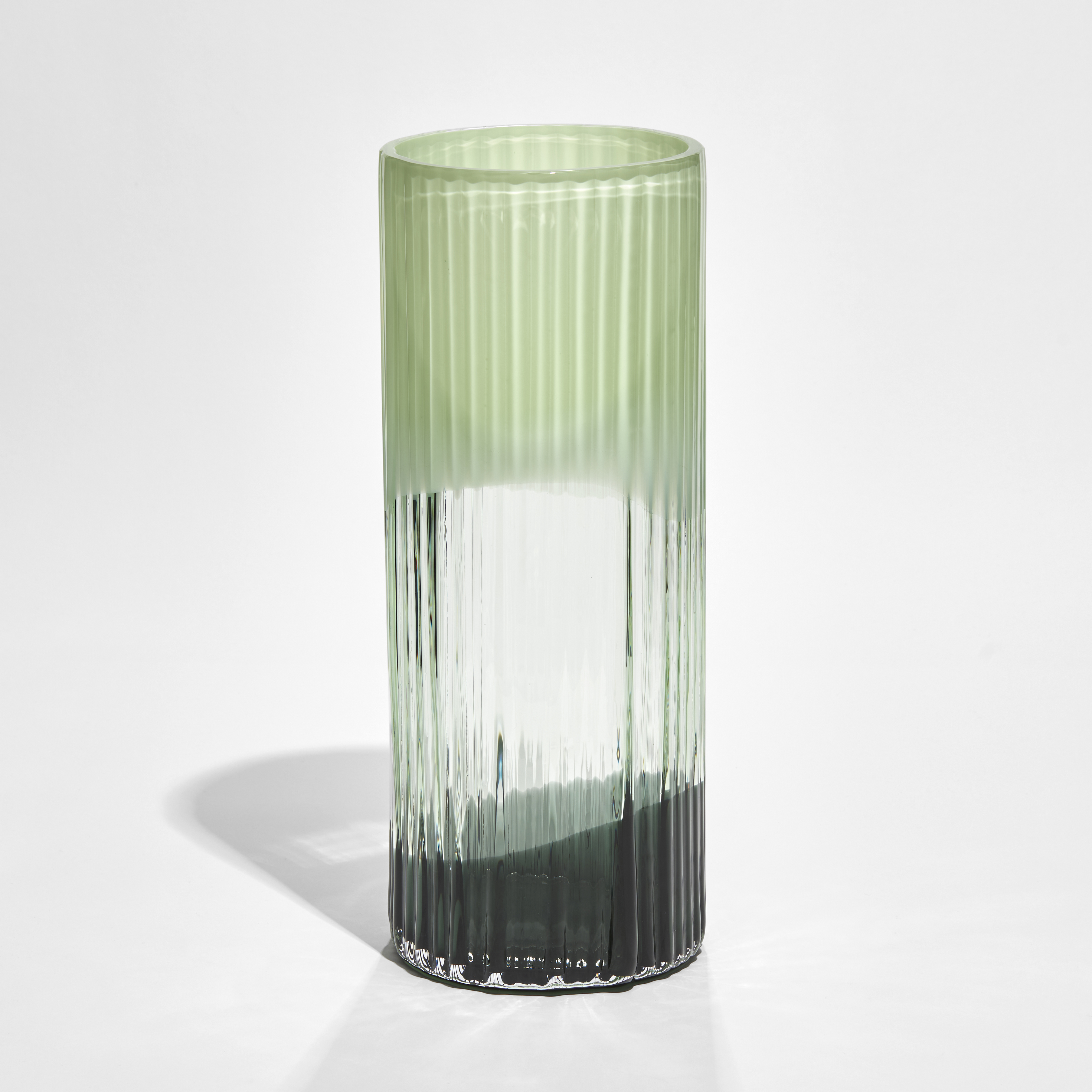 ridged column vase inspired by Mark Rothko with abstract bands of celadon green and dark green hand made from glass