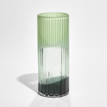 ridged column vase inspired by Mark Rothko with abstract bands of celadon green and dark green hand made from glass
