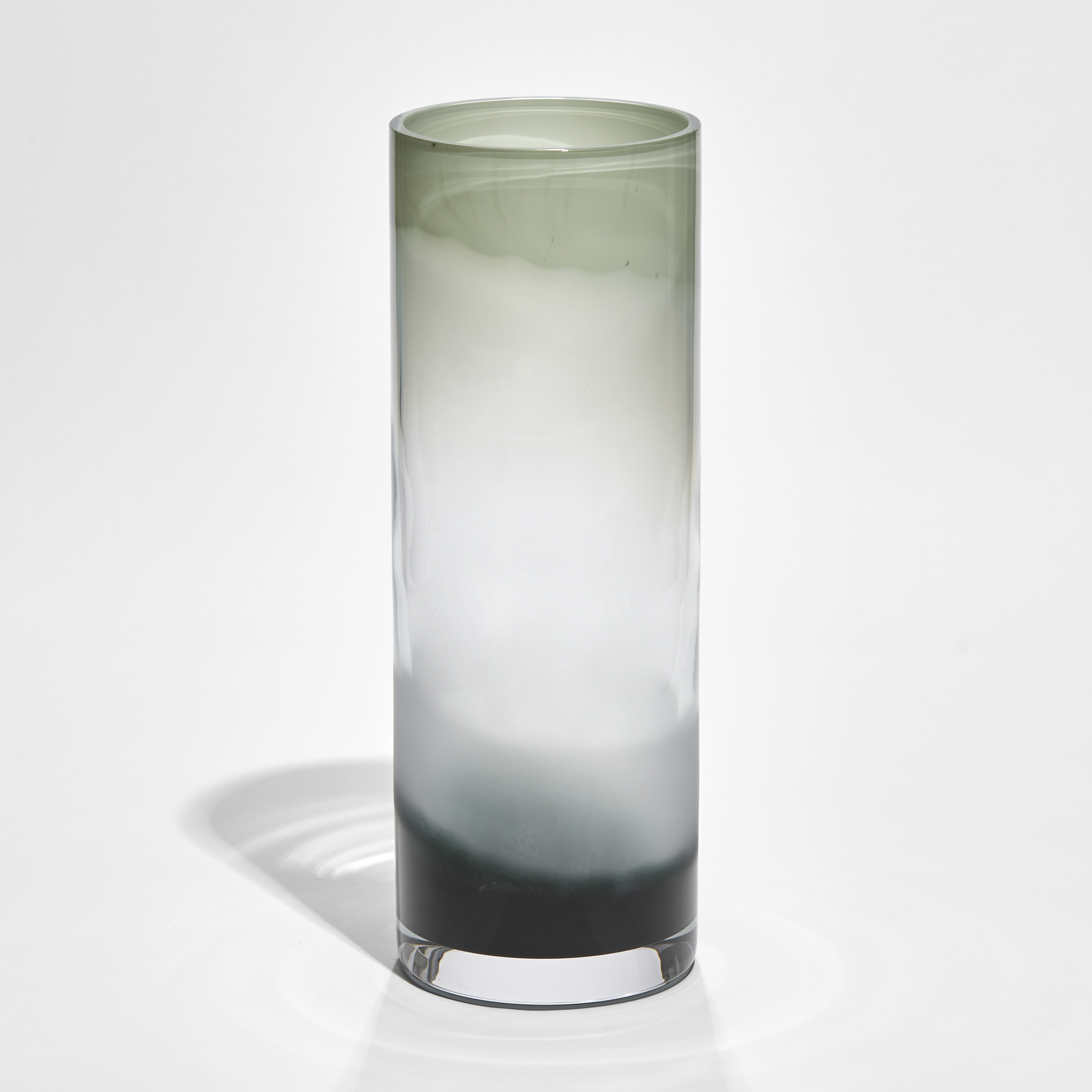 Mark Rothko inspired hand made cylindrical glass vase with organic bands of celadon green smokey white and black