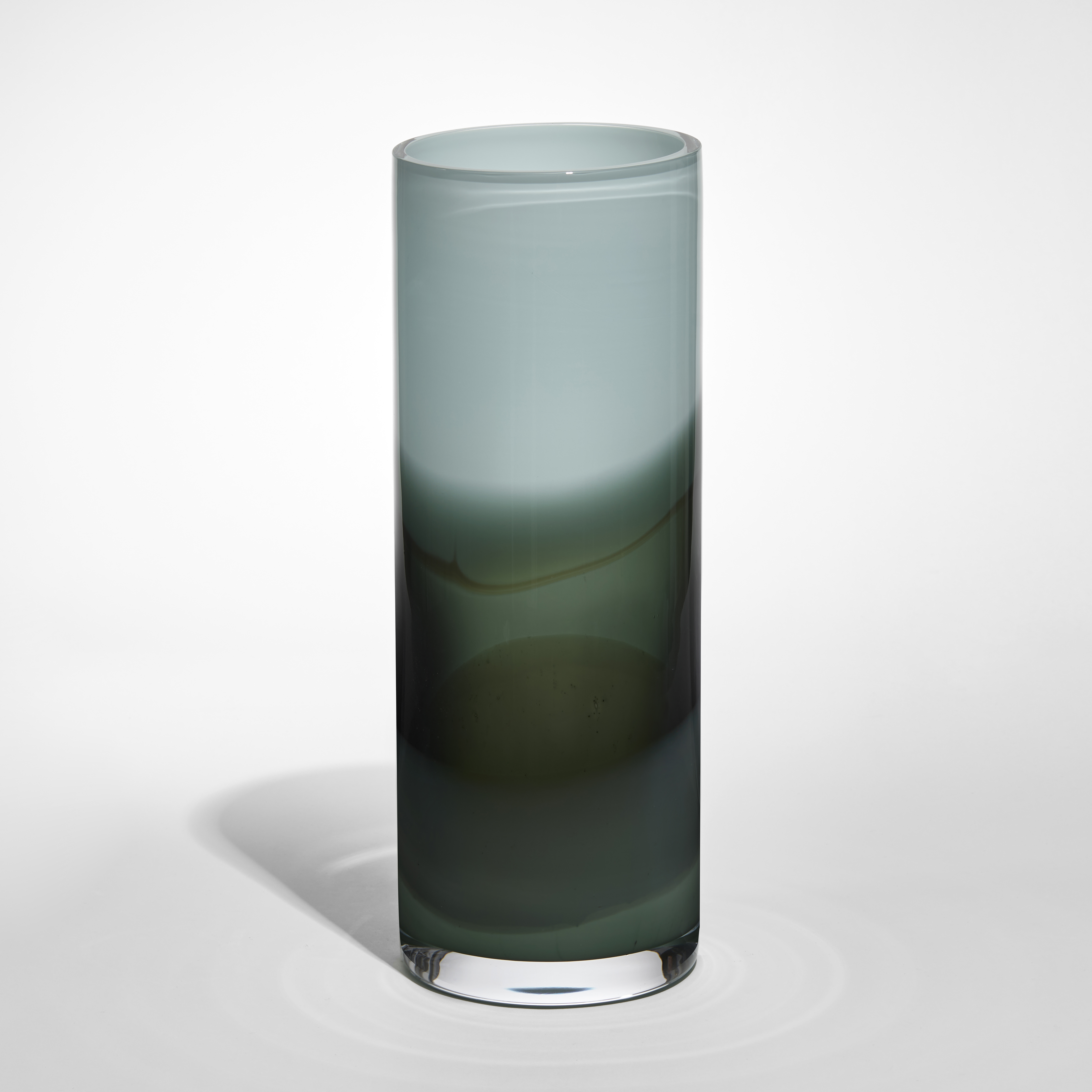 smooth cylinder vase inspired by Mark Rothko paintings in two abstract bands of light blue and dark green hand made from glass
