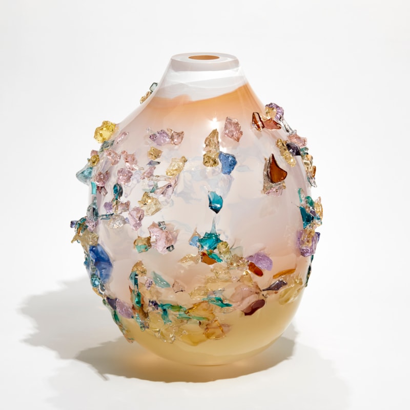 cream fading to soft minky pink teardrop rounded vase covered in organic shards of soft pastel colours all handmade from glass