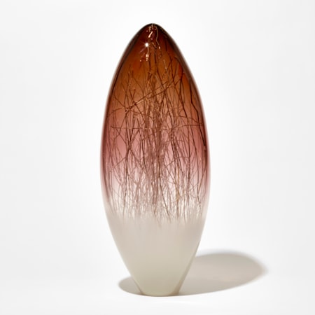 tall oval sculpture with soft off white base and rich aubergine top with trapped fine canes of white and gold inside hand made from glass