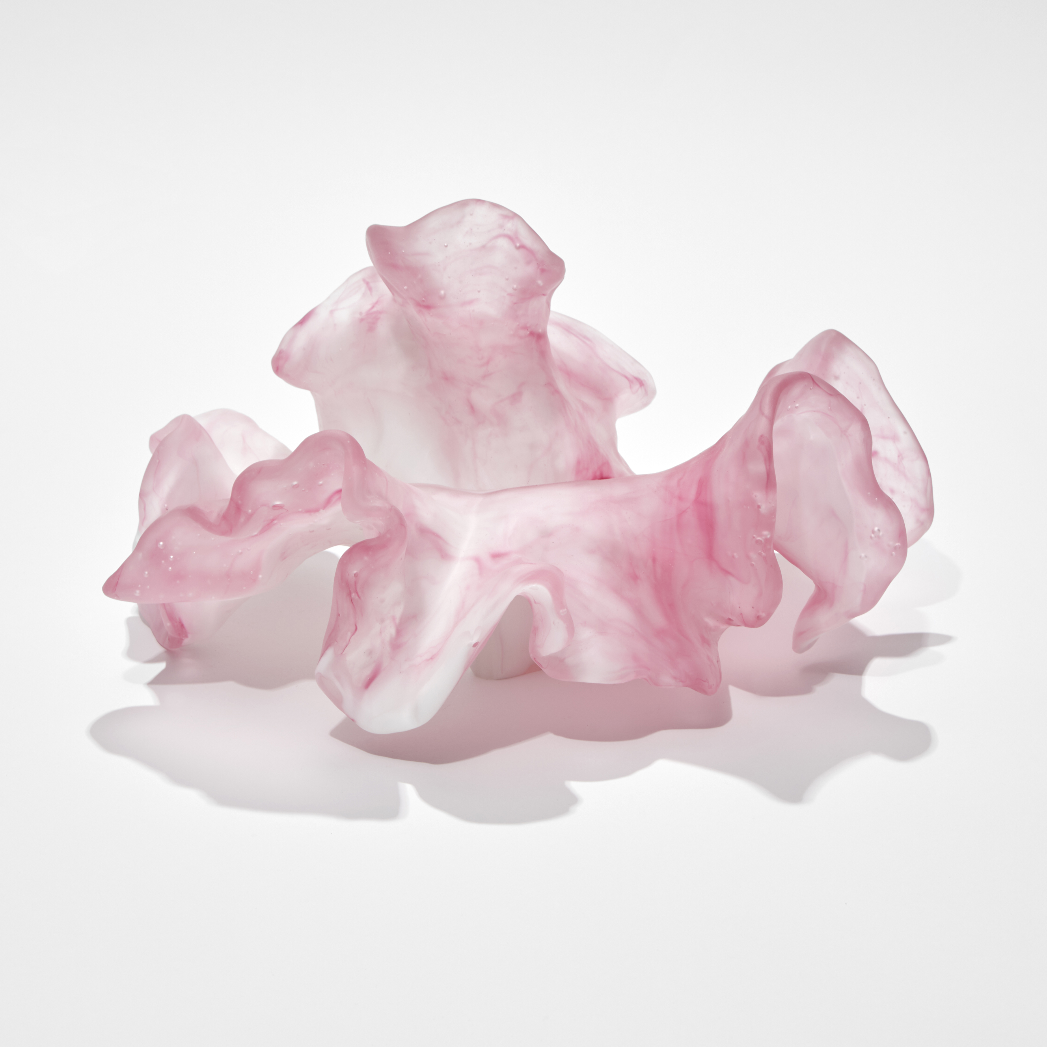 hand made and cast frilled coral like sculpture created from marbled transparent pink and opaque white glass