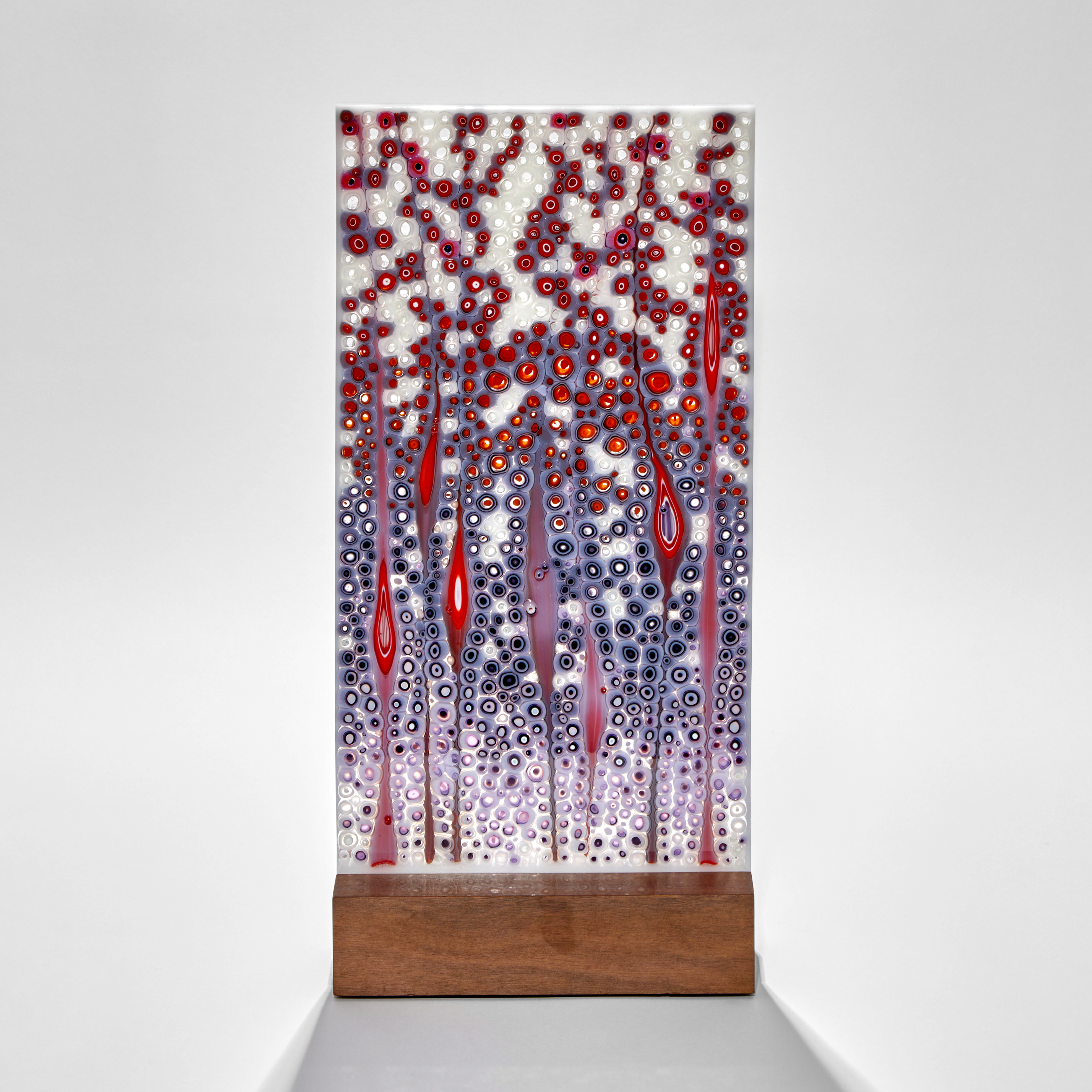 tall rectangular panel with organic detail that is a multitude of small dots and grass head shapes in blue purple white and red hand made from glass with wood base 
