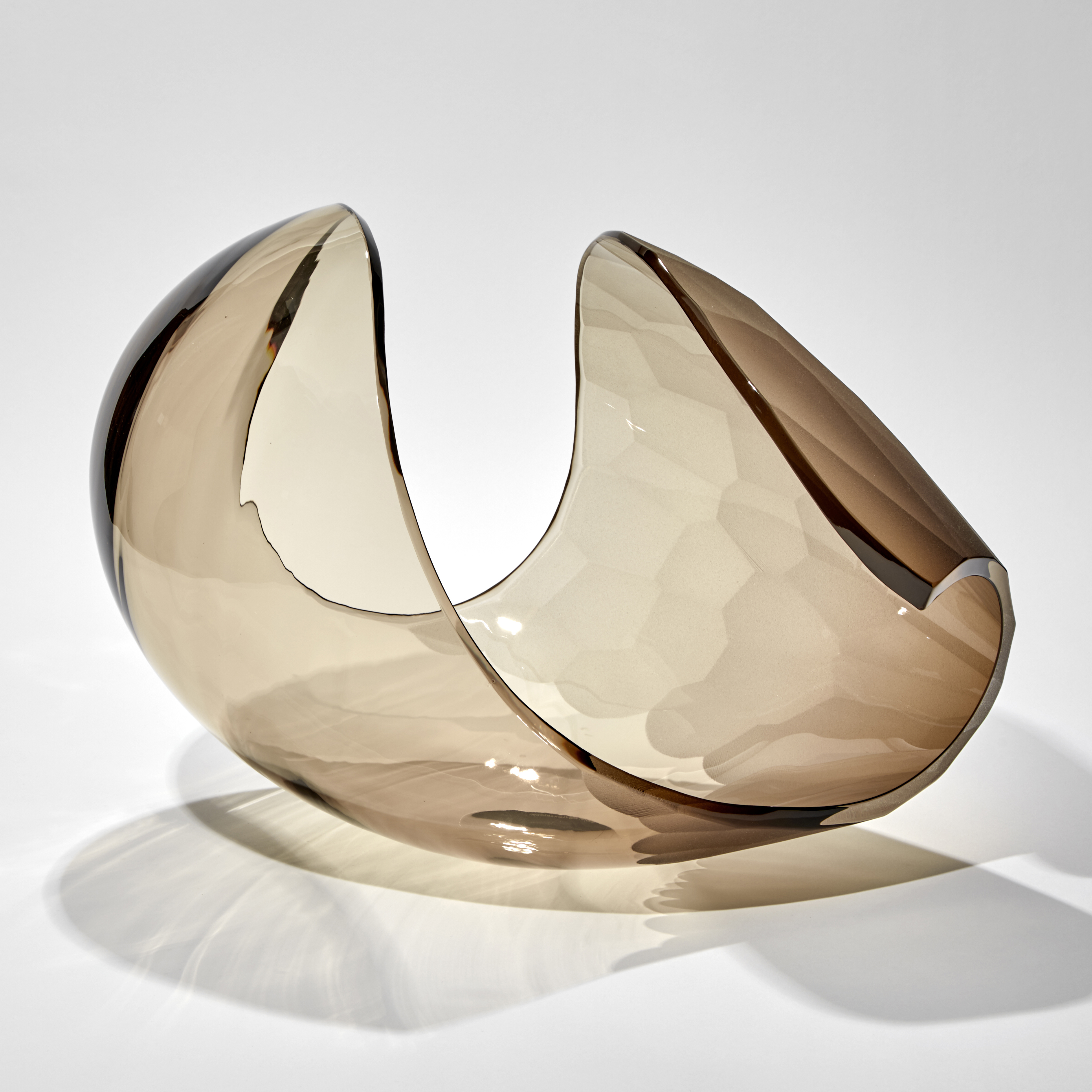 bronze transparent shell like sculpture with one side covered in facets hand made from glass