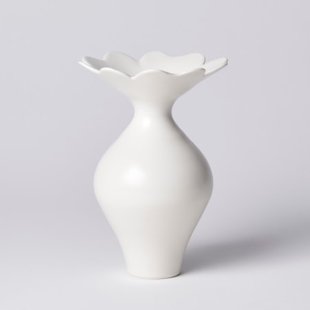 white rounded vase with wide raised scalloped shaped floral rim hand made from porcelain
