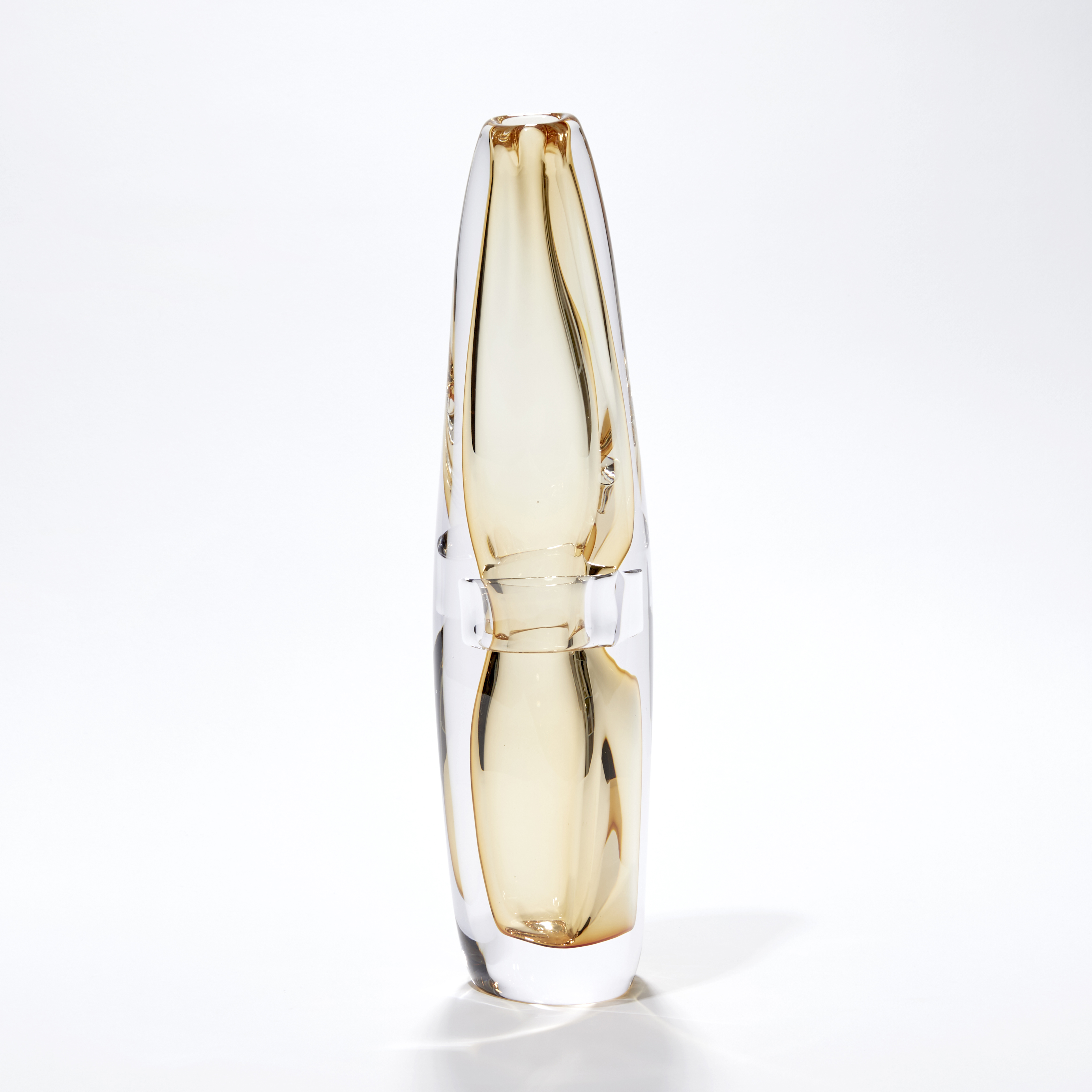 soft transparent light golden amber with clear tall organic and fluid vase handblown from glass