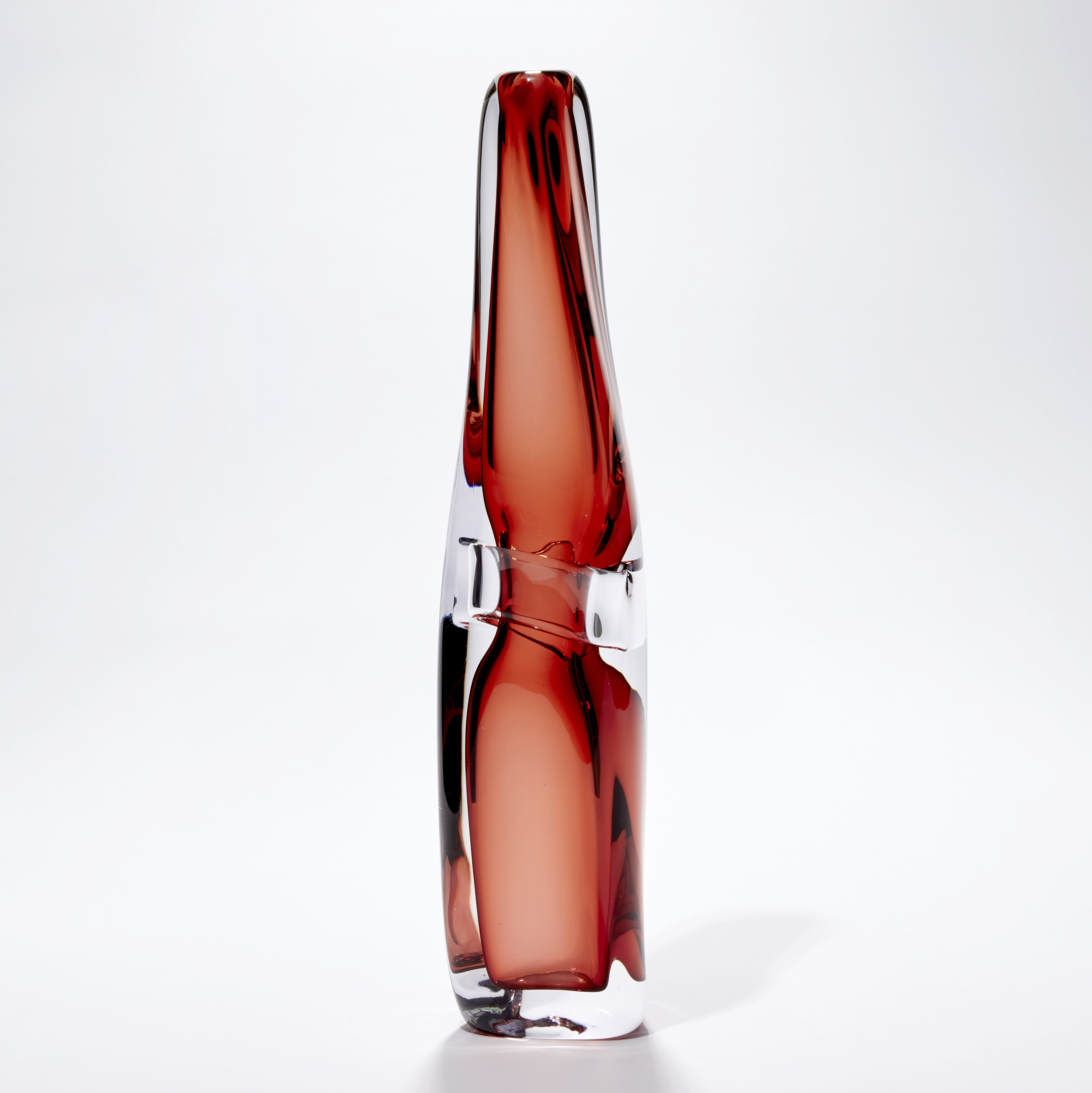 rich red apricot coloured transparent organic shaped tall vase hand made from glass