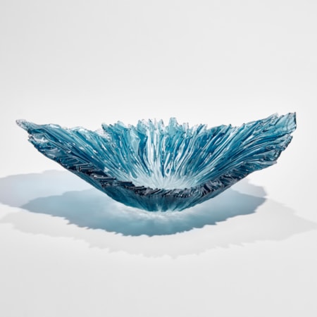 aqua blue and ice blue oval ridged sculptural bowl with raised ends and rippled interior hand made from glass