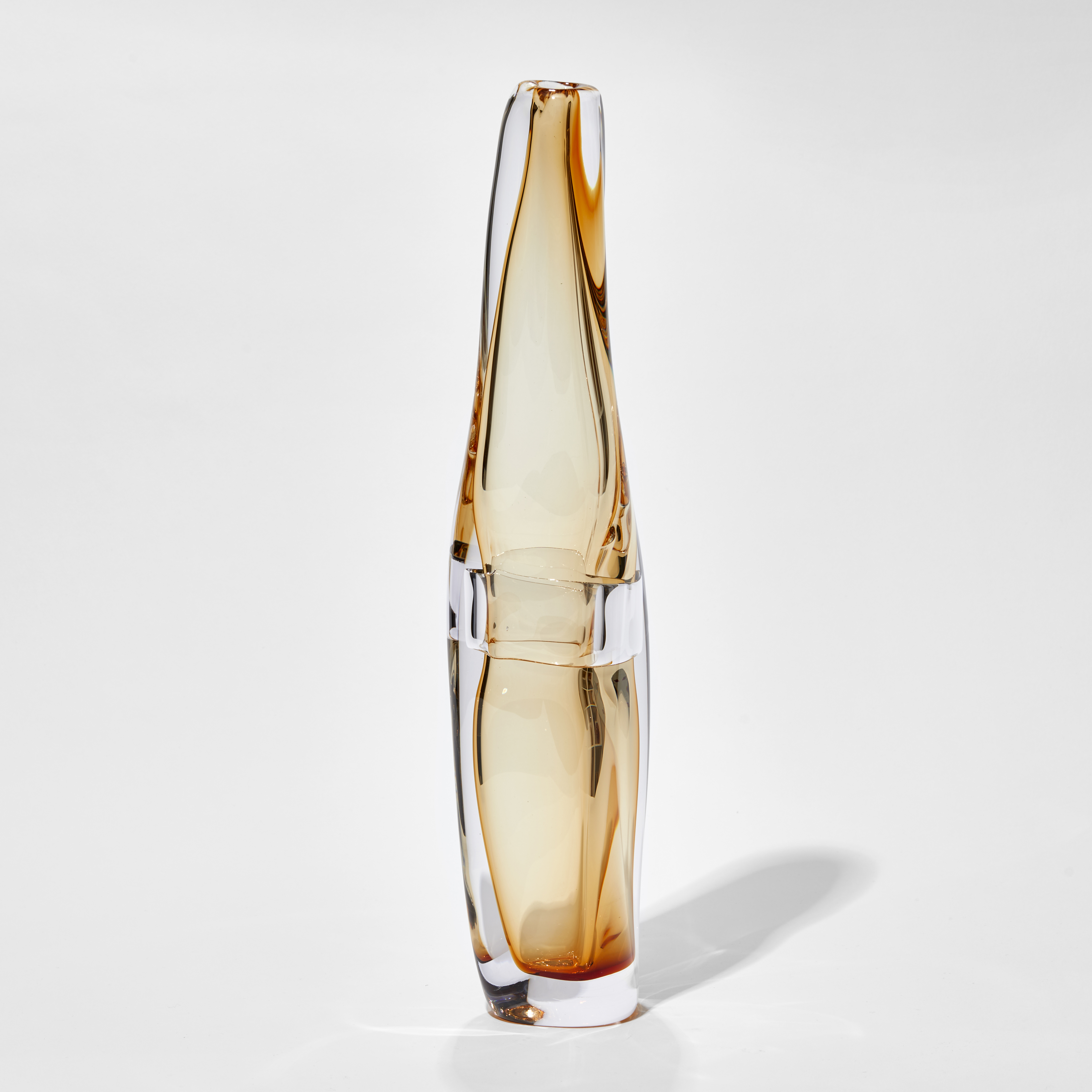 soft transparent amber with an outer layer of clear tall amorphous vase hand blown and sculptured in glass