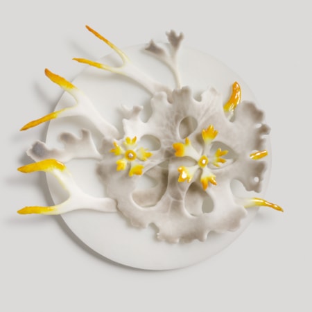 white grey amber and yellow wall mounted round sculpture with raised seaweed and lichen inspired organic detail handmade from glass