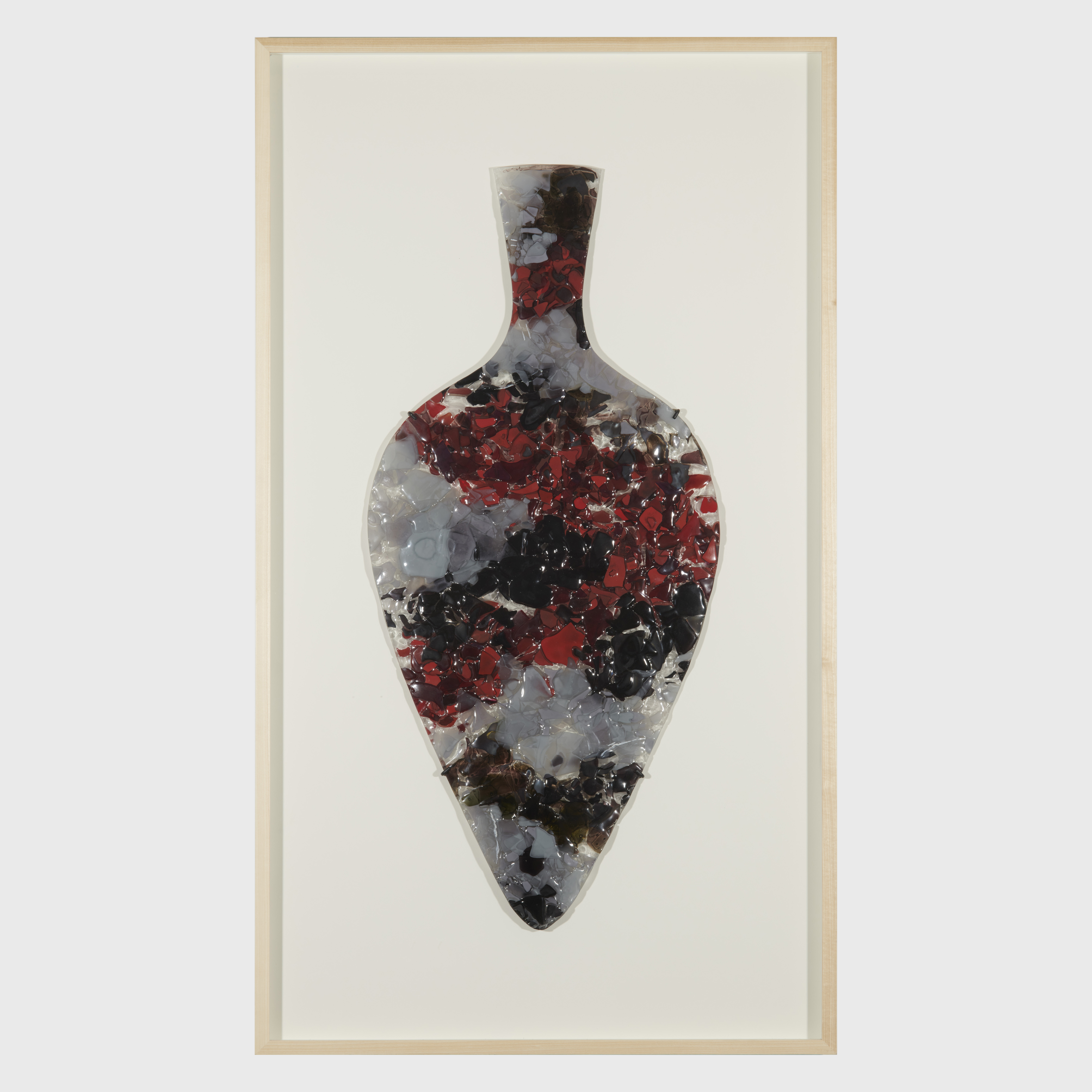 framed flat amphora bottle shaped artwork in grey red and black with textured surface