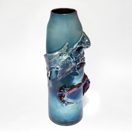 tall metallic blue vase with tapering neck with central raised abstract three dimensional textured section hand blown from glass