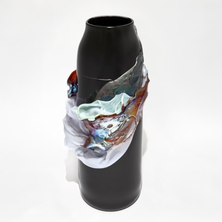 rick black brown transparent cylindrical vase with tapering neck with central organic raised band in iridescent lilac amber blue and jade mimicking a roushed band of silk fabric handmade from glass