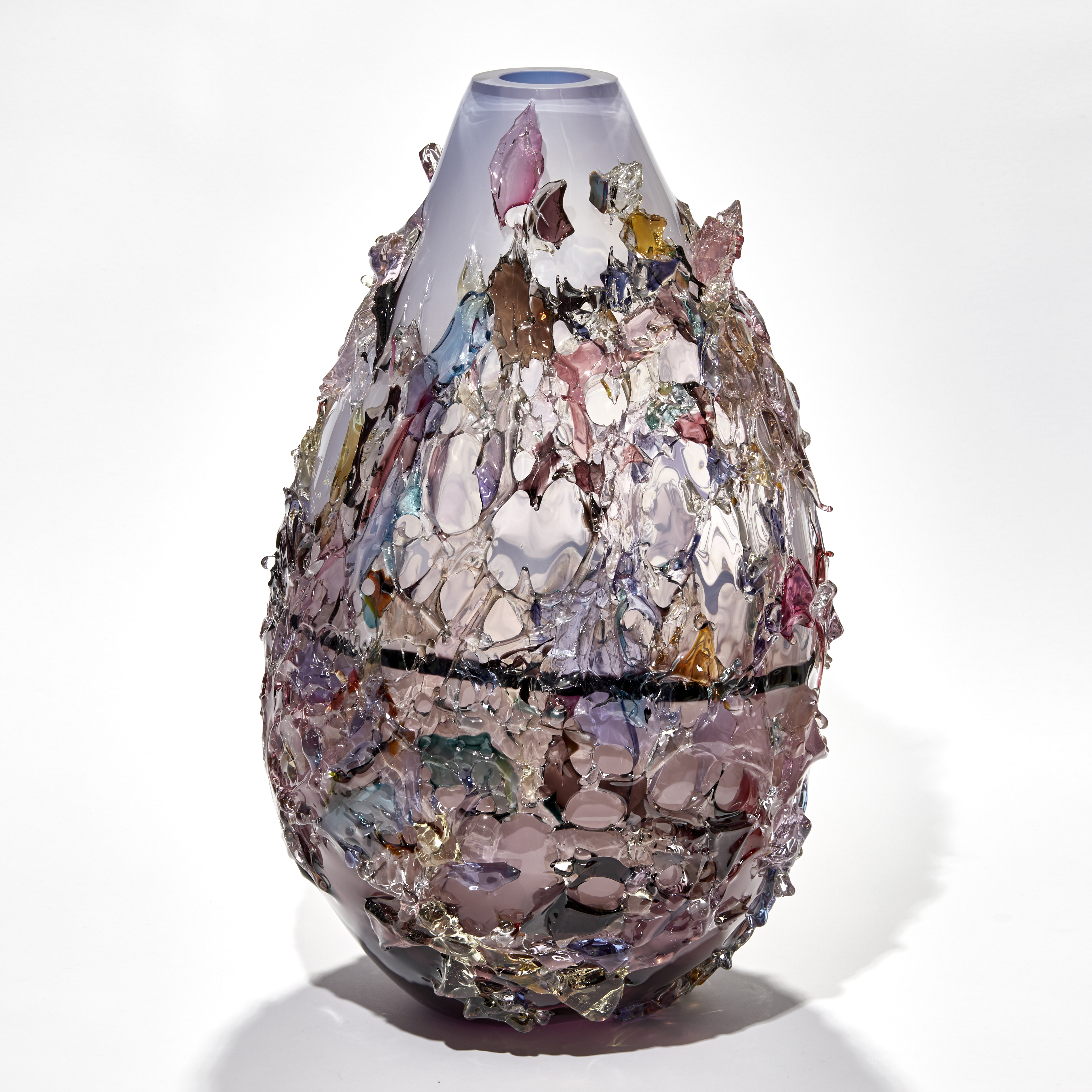 teardrop shaped vase with organic texture across the surface handmade from glass in aubergine and lilac with link and dark purple