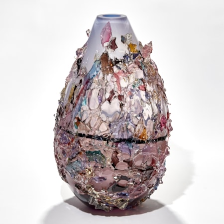 teardrop shaped vase with organic texture across the surface handmade from glass in aubergine and lilac with link and dark purple