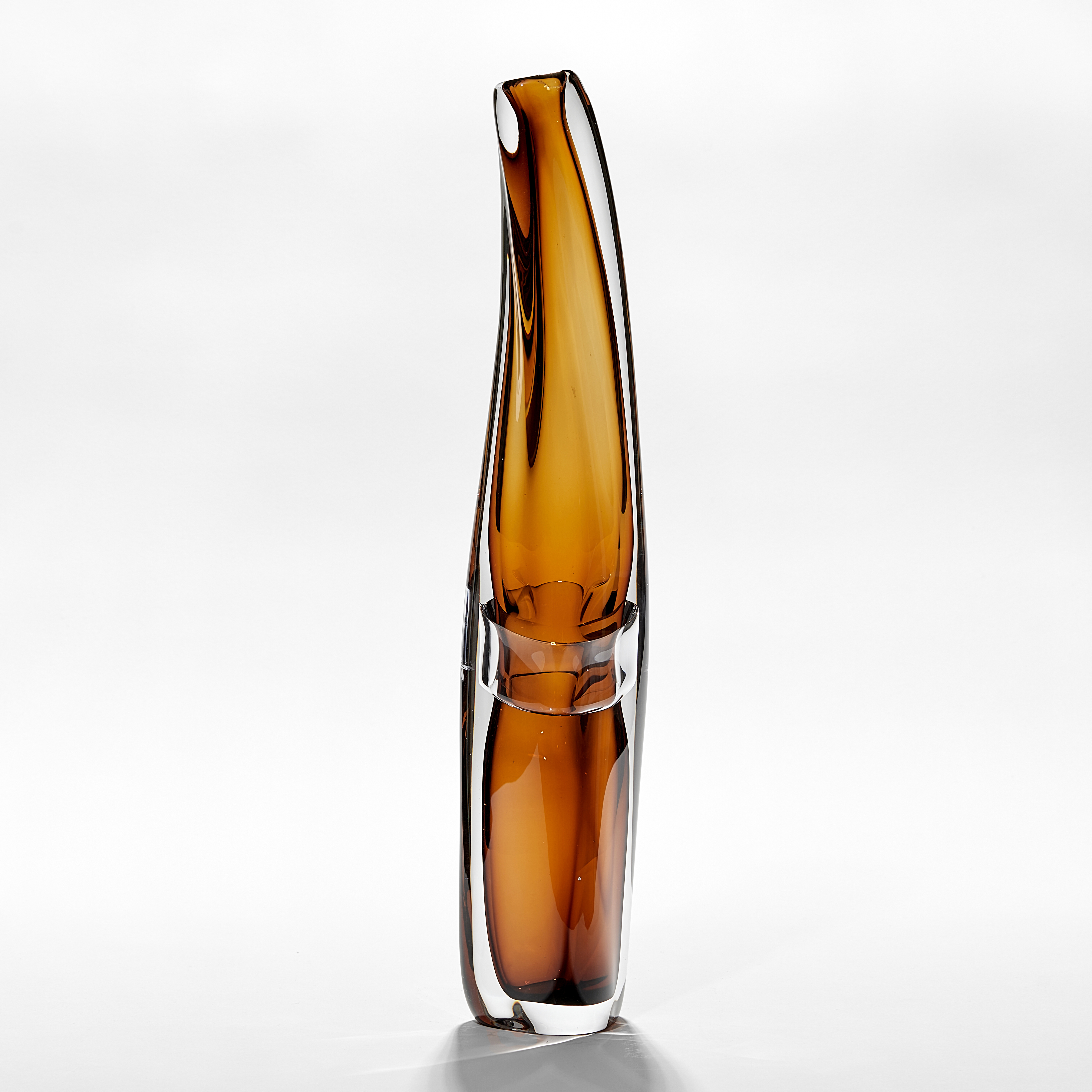 tall clear with inner core in transparent amber brown amorphous vase hand made from glass
