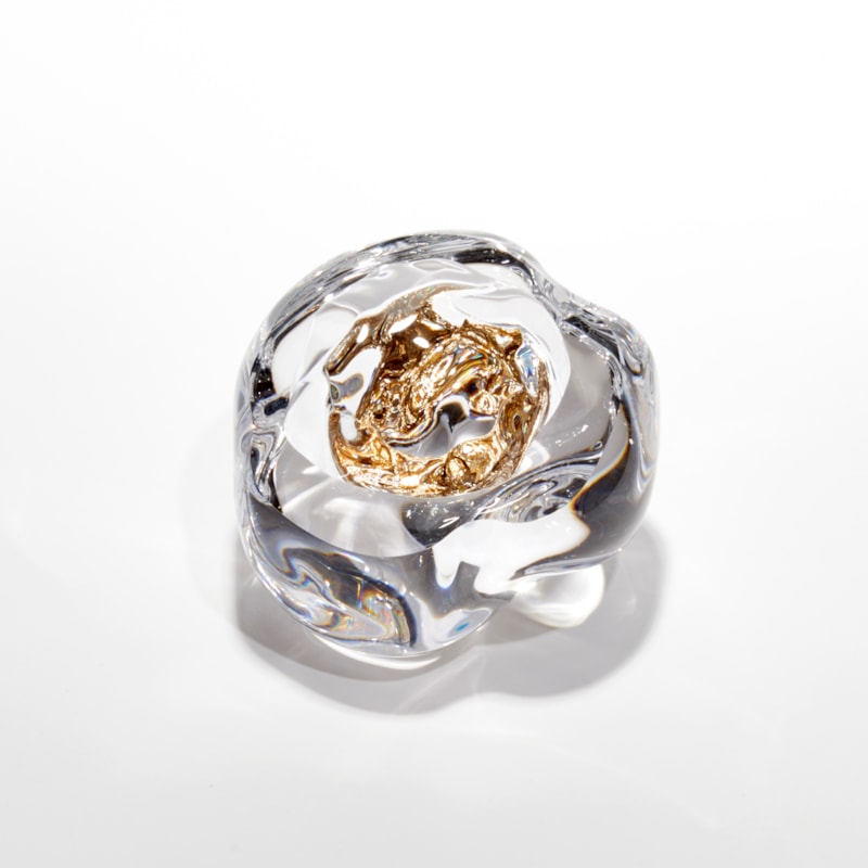 organic clear boulder with hollow centre filled with 22ct moon gold hand blown and sculpted from glass