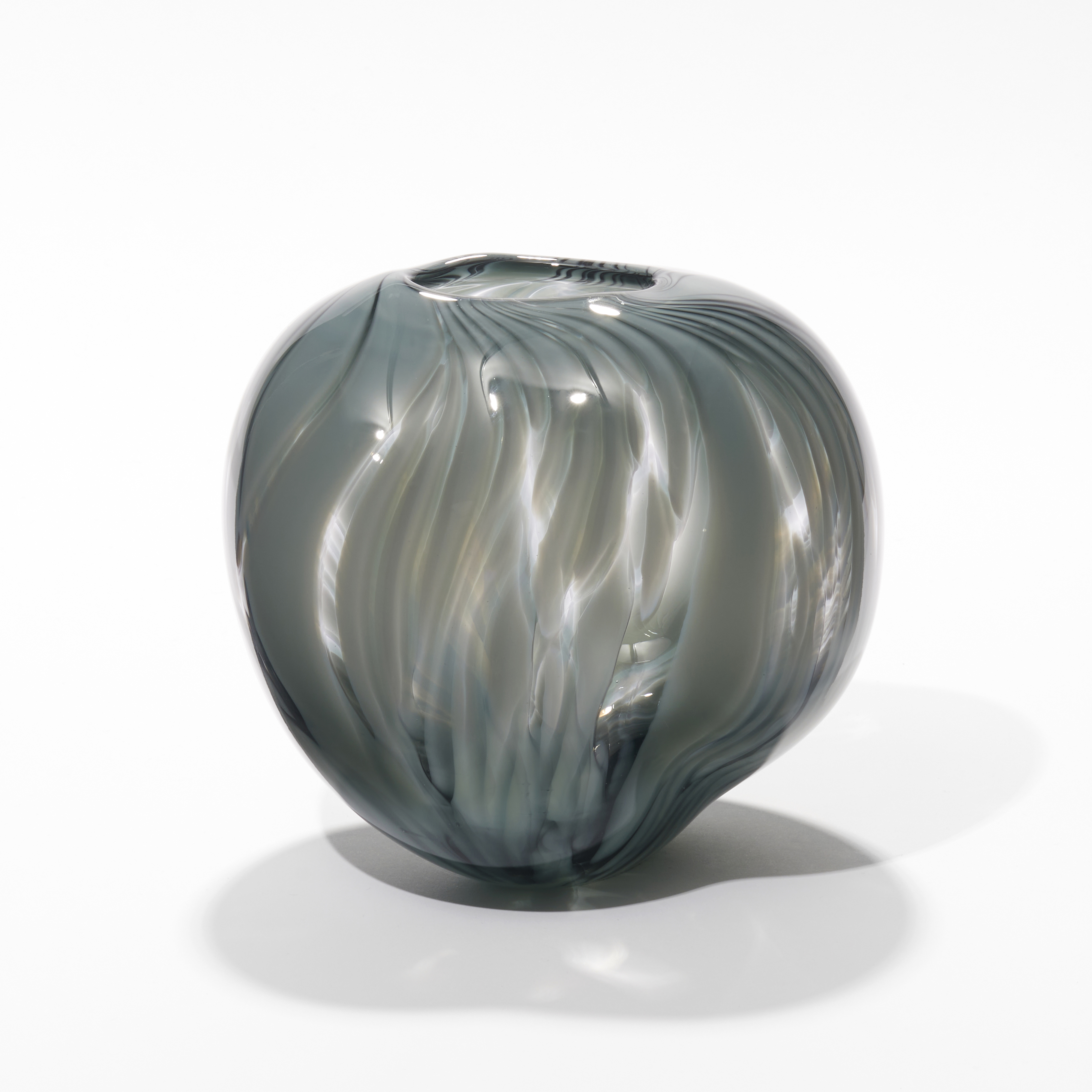 clear and dove grey glass vase with feathered soft surface pattern with an amorphic shape hand made from glass