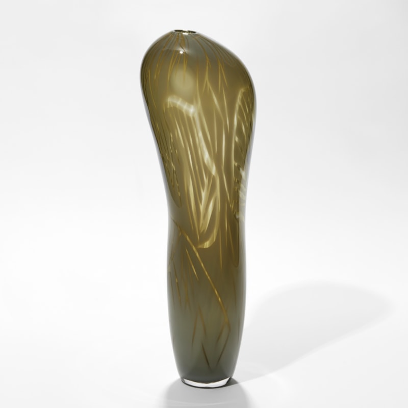 tall opaque olive green brown amorphic vessel with soft feathery line surface patterns hand made from blown glass