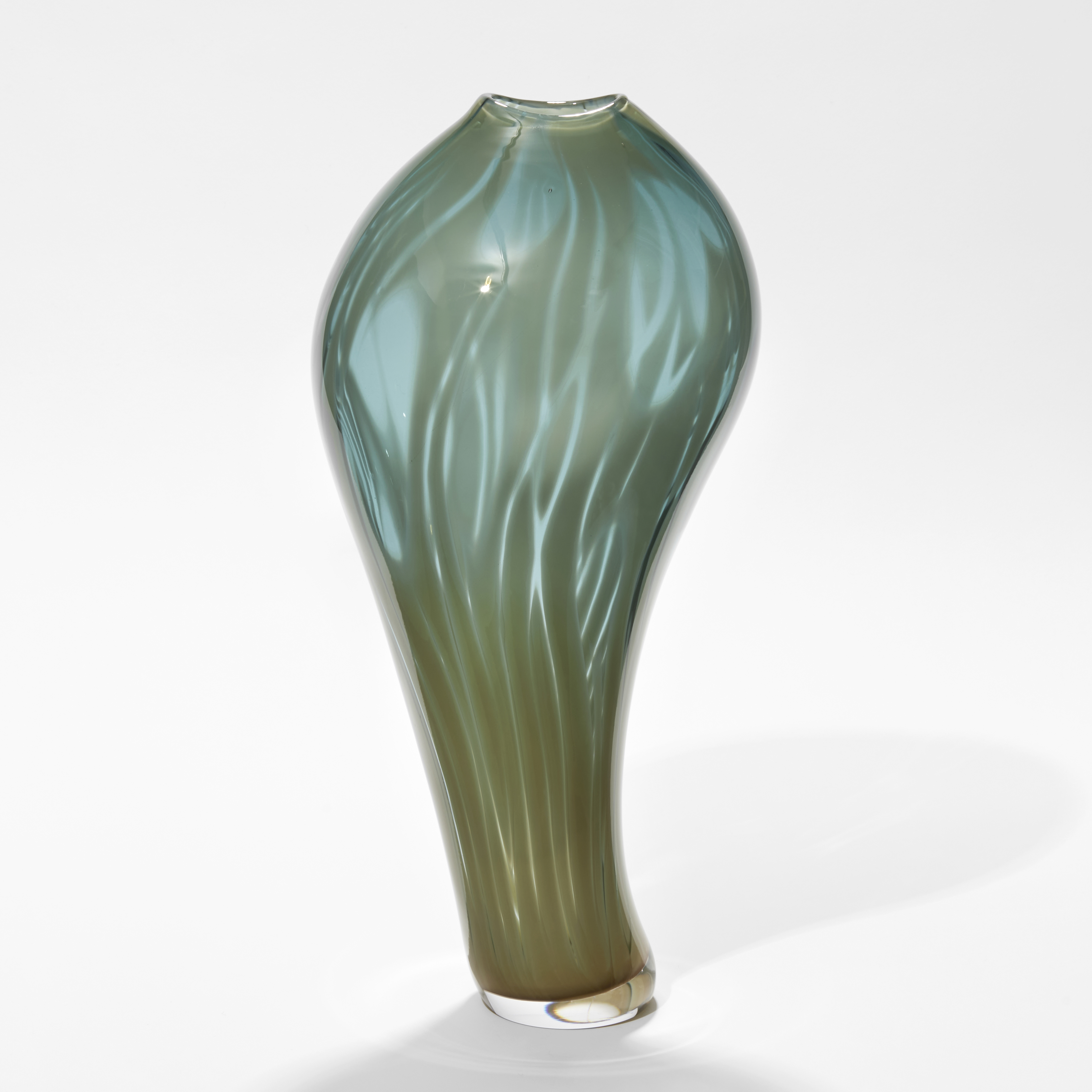asymmetric olive and jade tall curved with bulbous top vase with soft feathery surface decoration hand blown from glass