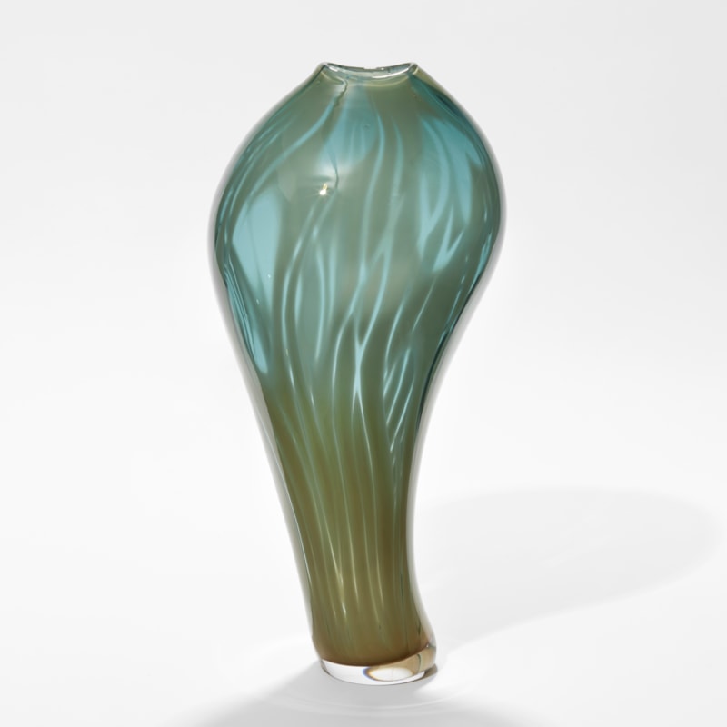 asymmetric olive and jade tall curved with bulbous top vase with soft feathery surface decoration hand blown from glass