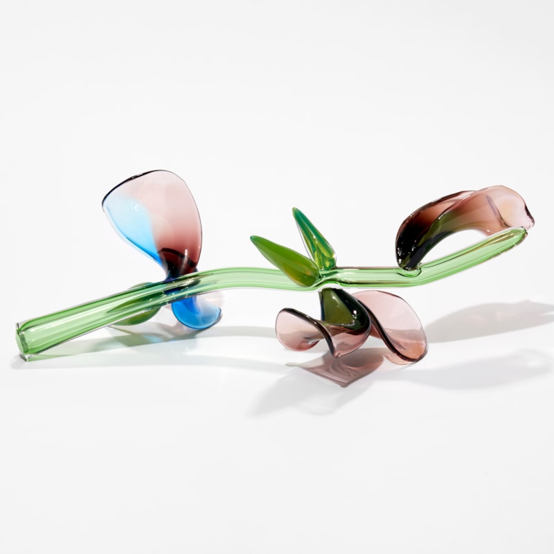 prone stem with abstract flowers and leaves in green pink aubergine and blue hand sculpted from blown glass