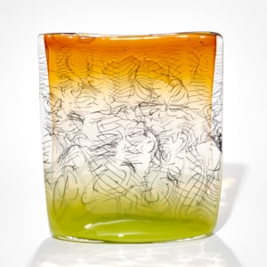 square sculpture with lime base fading to clear then ochre amber yellow with trapped black lines hand made from glass