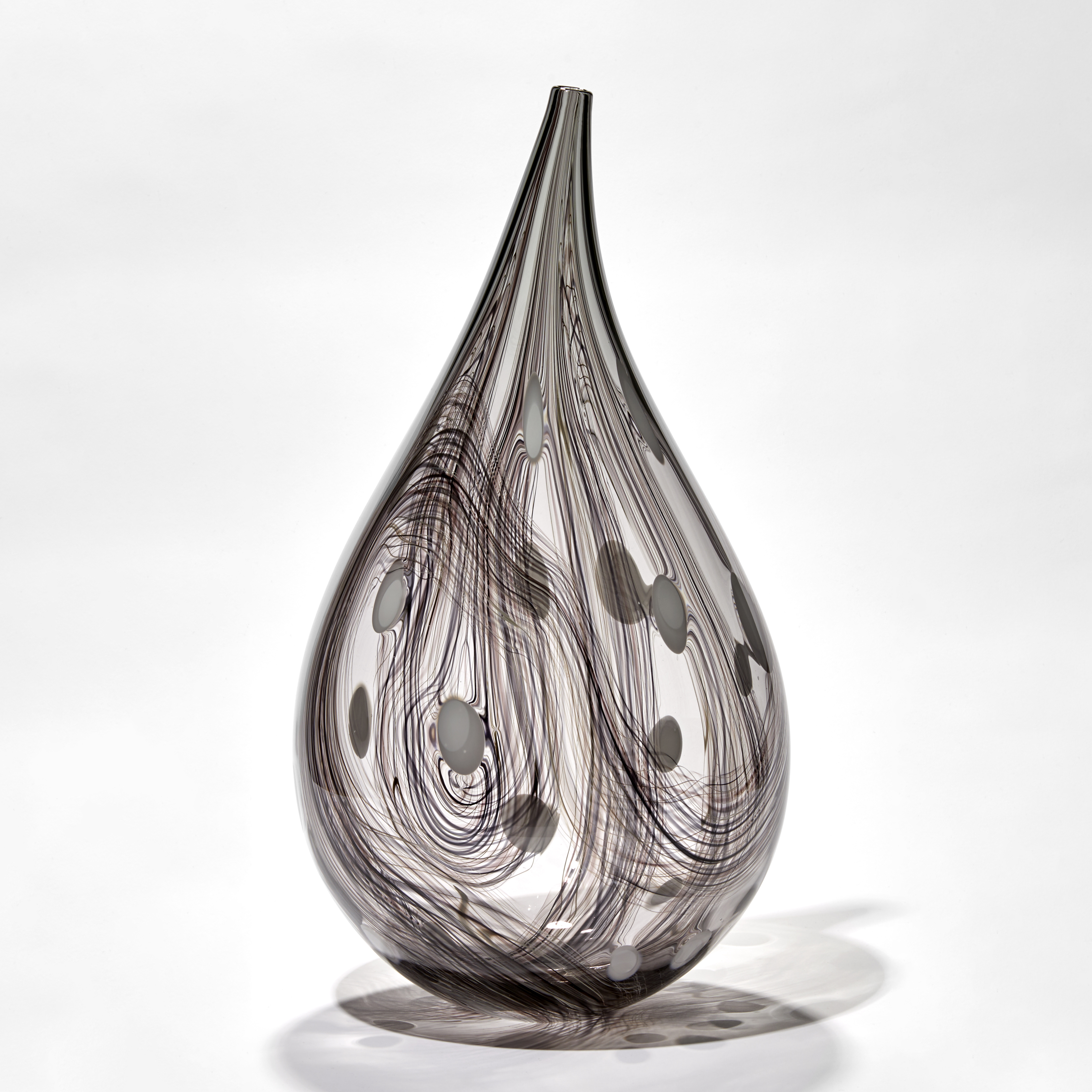 transparent grey and bronze with opaque white dots teardrop shaped vase hand blown from glass