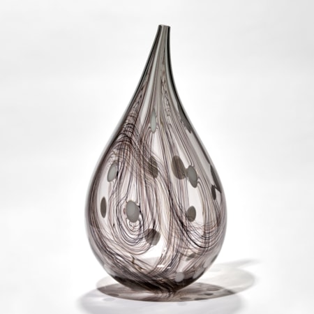 transparent grey and bronze with opaque white dots teardrop shaped vase hand blown from glass