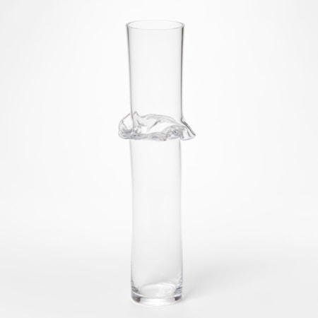 tall uneven clear cylindrical sculpture with flared and rippling waisted joint section hand blown from glass