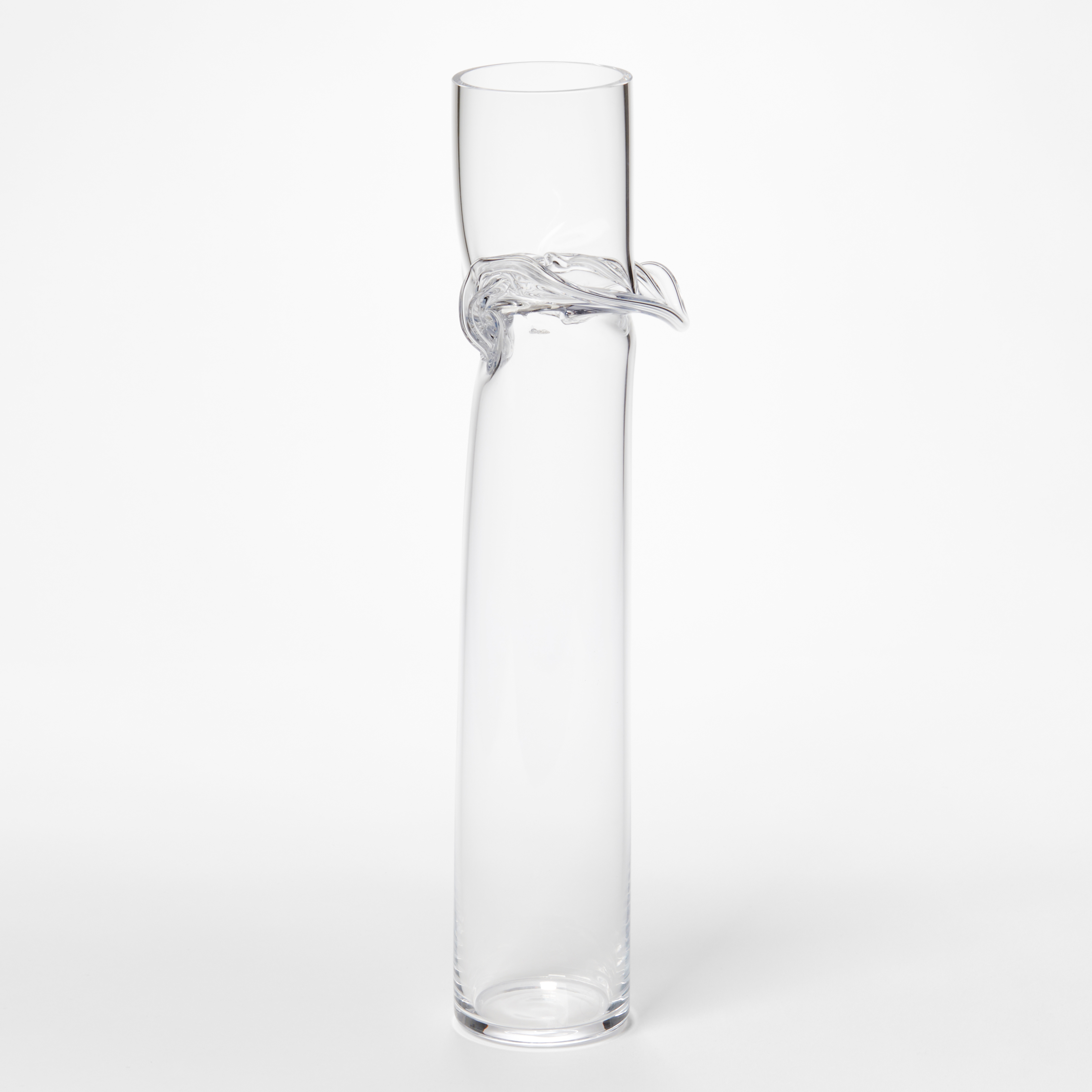 hand blown clear glass sculptural cylinder with flared rippling joint section one fifth from the top edge
