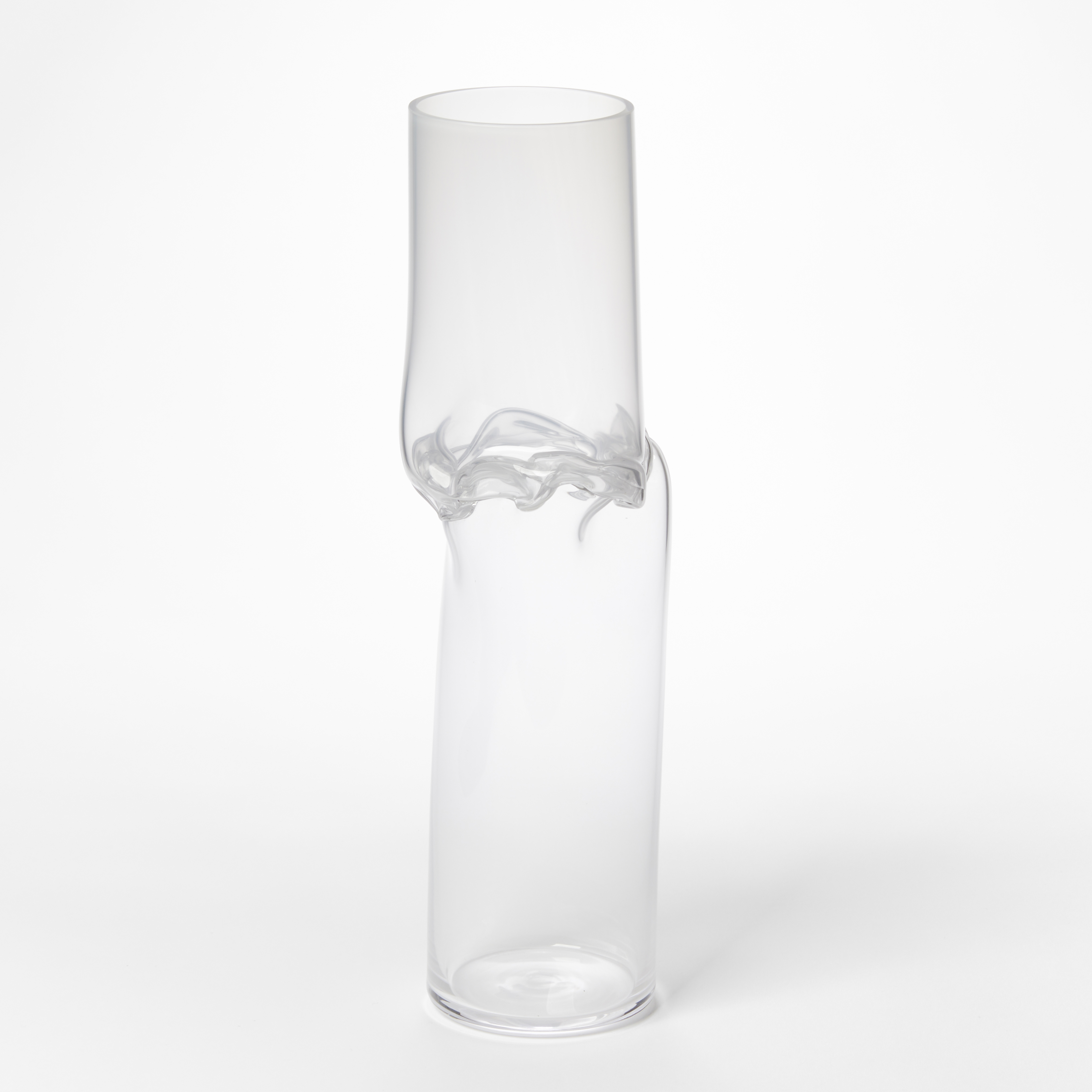 hand blown clear cylinder with offset upper section and mid way rippling and flared waisted joint section